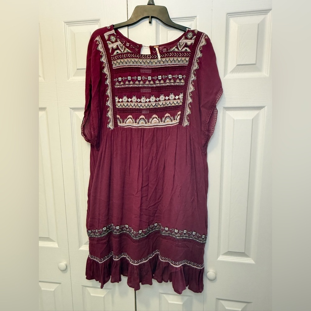 Free People Burgundy Embroidered Boho Dress Size Large - Picture 2 of 12